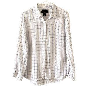 Tahari | 100% Linen Window Pane Plaid Button-Up Shirt in White/Navy, Large